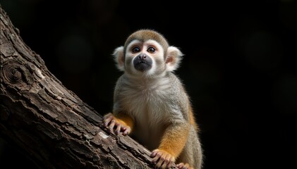 Obraz premium Close-up portrait of a squirrel monkey sitting on a tree branch. Wild primate looking up with curiosity against a dark background