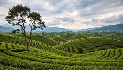 Green tea plantation with terraced fields and tree. Agricultural landscape with rolling hills and mountains. Rural farming scenery