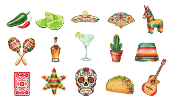Watercolor Mexican culture elements set