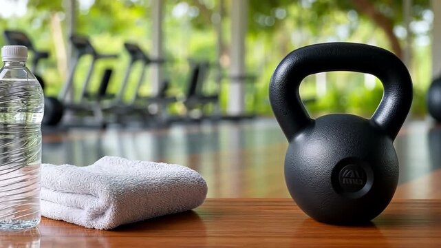 Working out in a gym with equipment like kettlebells, water bottles, and towels in a green and open space during the daytime