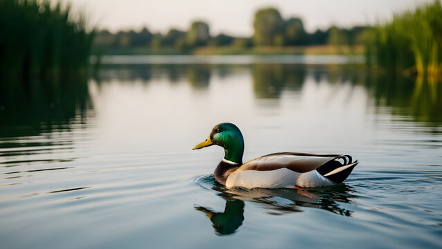 A serene mallard duck gracefully swimming on a calm lake at sunset