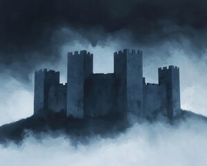 Naklejka premium Ancient castle ruins in stormy weather, moody digital painting landscape