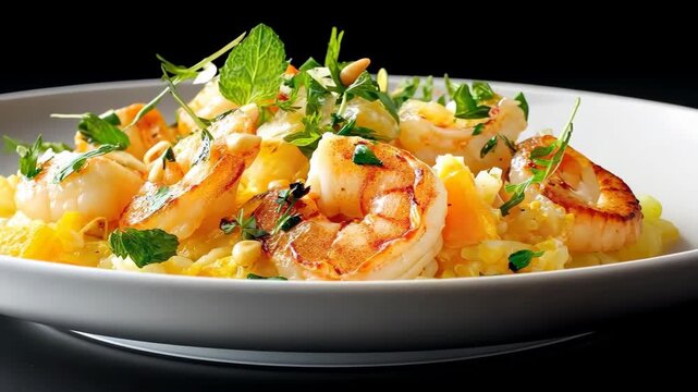 Shrimp dish with herbs and oranges prepared in a kitchen setting during daylight hours