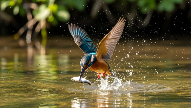Vibrant kingfisher bird diving into clear water to catch a fish