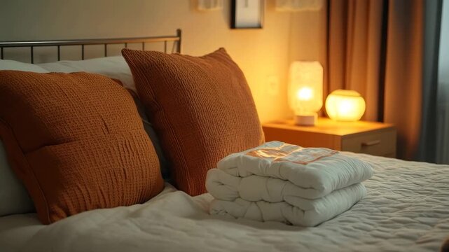 Serene and cozy bedroom scene featuring a neatly made bed with warm, atmospheric lighting