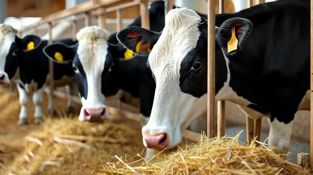 Cows eating grass in a barn during a sunny day with sunlight shining through the windows around them