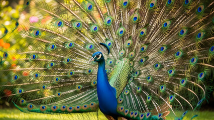 Obraz premium A majestic peacock displaying its vibrant and intricate tail feathers in a lush garden setting