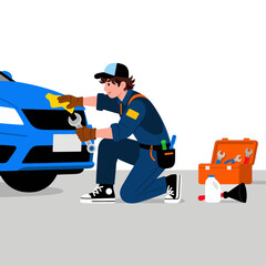 Vector illustration of an auto repairman performing car maintenance
