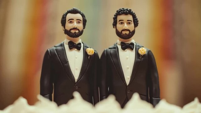 Close-up of a gay wedding cake topper with two grooms in tuxedos and a rainbow flag background