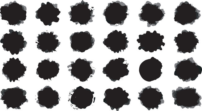 A collection of 25 black inkblots isolated on transparent background