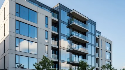 A modern apartment building with large windows and balconies under a clear blue sky