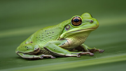 Fototapeta premium A vibrant green frog perched on a leaf in a serene natural setting.