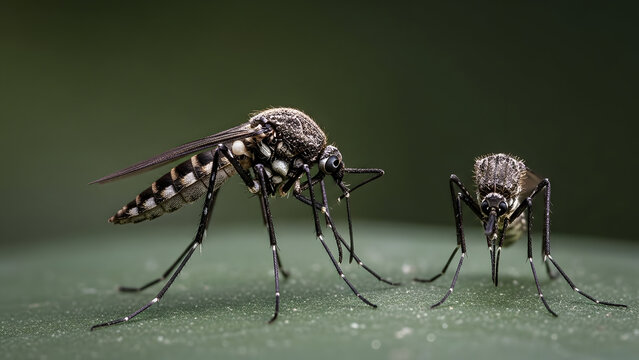 Close-up view of two mosquitoes resting on a green surface