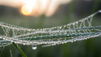 Intricate spider web glistening with morning dew in a serene natural setting