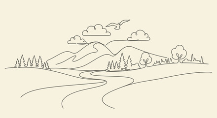 Fototapeta premium Minimalist line art landscape mountains clouds bird trees and river flowing