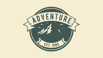 Adventure badge design with mountains and ribbon for outdoors exploration
