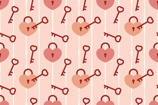 Romantic Valentine pattern with heart key and lock on stripe background. Great for love themes, wedding designs, cards, packaging and symbolic relationship artwork.