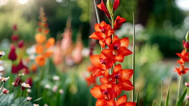 Bright orange flowers bloom in a garden filled with green plants and colorful blossoms during a sunny afternoon in late spring