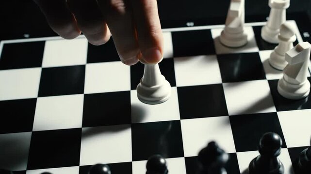 Hand placing white chess piece on board, strategic game competition and intellectual challenge with a moving pawn sequence