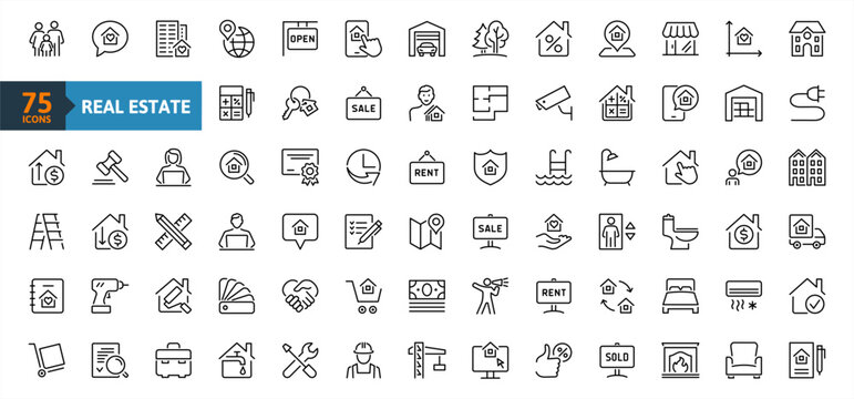 Real Estate minimal thin line web icon set. Included the icons as realty, property, mortgage, home loan and more. Outline icons collection. Simple vector illustration.
