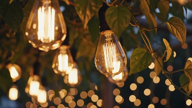 Edison bulbs glowing warmly amidst green foliage, a cinematic shot capturing the festive and cozy ambiance of outdoor string lights with a beautiful bokeh background.