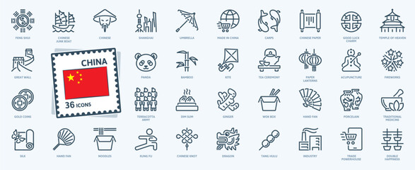China, Chinise theme web icon set, thin line icons collection including images of carps, panda, dragon, traditional food and medicine, and others symbol.