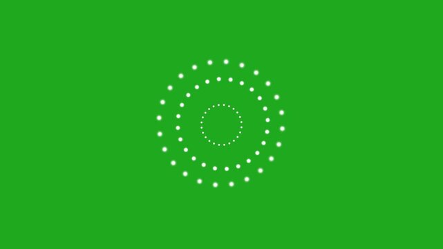Abstract green screen revolving dotted circles animation with rotating dotted rings, ideal for motion graphics, HUD elements, futuristic visuals, and chroma key compositing.
