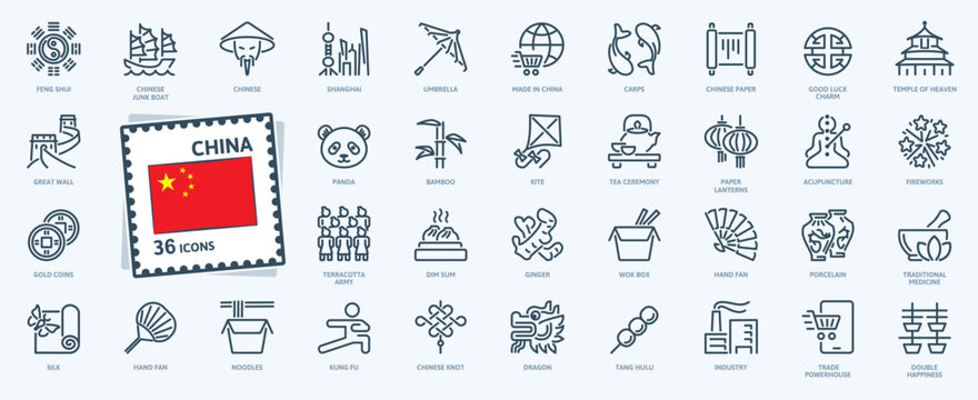China, Chinise theme web icon set, thin line icons collection including images of carps, panda, dragon, traditional food and medicine, and others symbol.