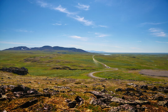 Tundra landscape, Ural mountains in the distance, beautiful view of nature.