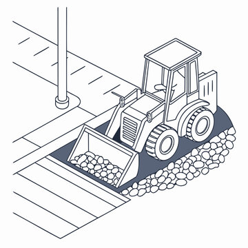 Bulldozer Spreading Gravel Base Layer Flat Vector Illustration