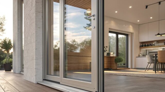 A serene modern home interior with sliding glass doors leading to a peaceful outdoor patio on a sunny day in a video.