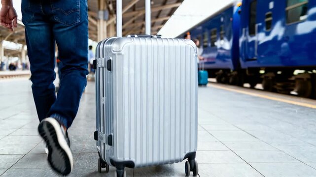 Traveler with suitcase waiting on railway platform at train station for public transport commute or vacation trip.