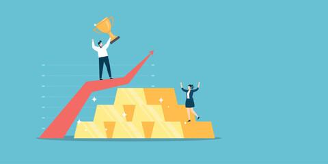 Flat characters of a man holding a trophy on a rising growth chart and a woman celebrating on a stack of gold bars. Success, wealth, and financial achievement theme.