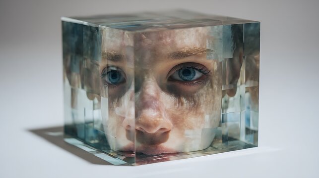 person trapped inside transparent cube filled with distorted reflections of their own face, concept of self-imposed limitation, hyperreal reflective surfaces 