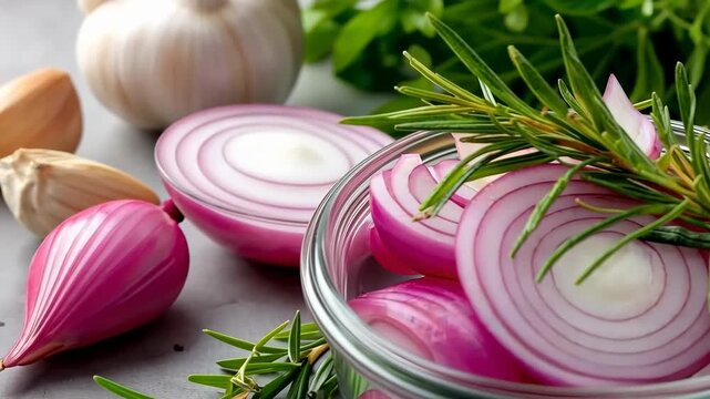 How to prepare onions and garlic with rosemary in a kitchen setting for fresh cooking and meal prep