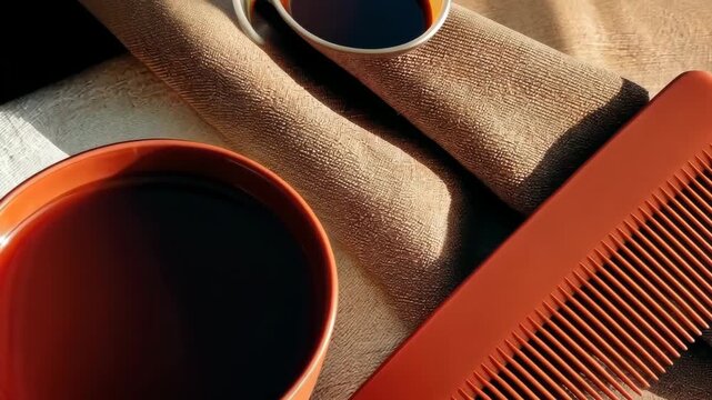 Hot coffee sits in a brown cup next to a comb on a soft cloth, highlighting morning routines and daily moments captured in warm light