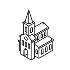 Fototapeta premium Isometric line of a church with a tall steeple and arched windows building line steeple