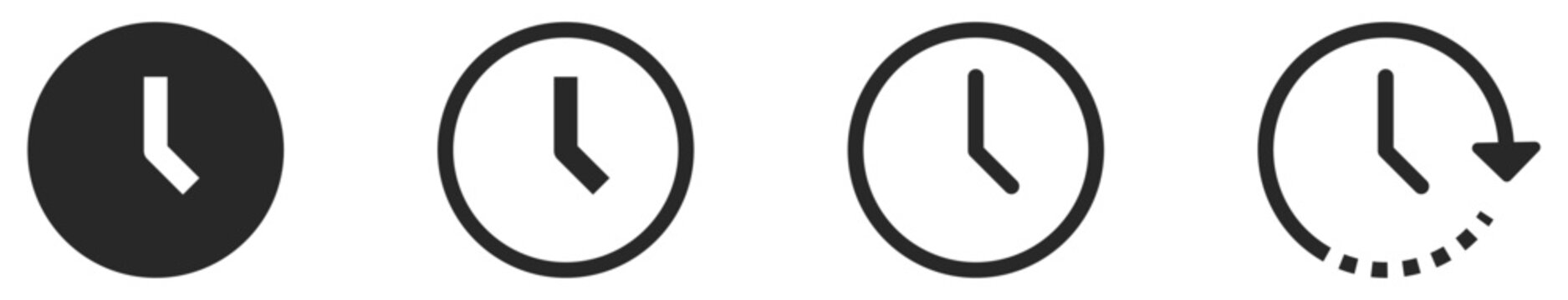 clock and time icon set. clockwise, time passing, stopwatch and timer icons , history or watch later sign