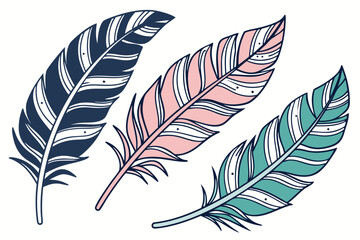 Obraz premium A colorful illustration of three feathers in different shades of pink, blue, and green on a white background
