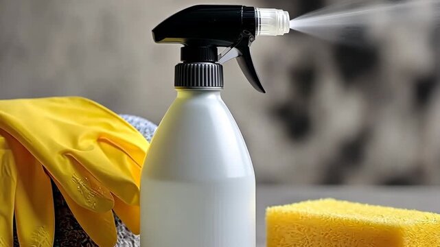 Cleaning supplies and tools for effective home cleaning during the weekend in a kitchen setting with bright colors and common items