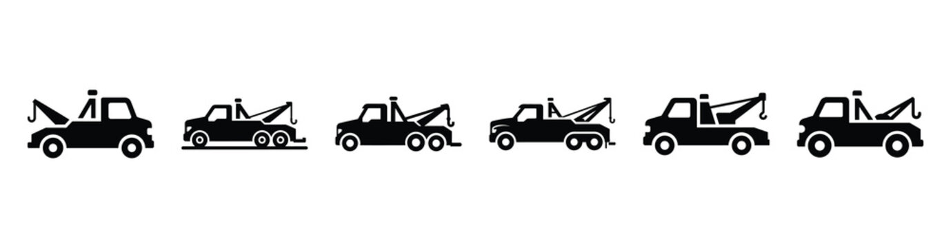 Vector set illustration of tow truck icons. Simple transport silhouette icon design collection.