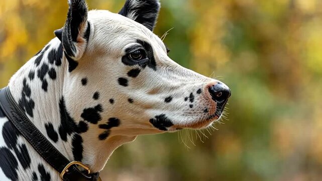 Dalmatian dog poses in a natural setting with warm colors and soft sunlight shining through trees during autumn
