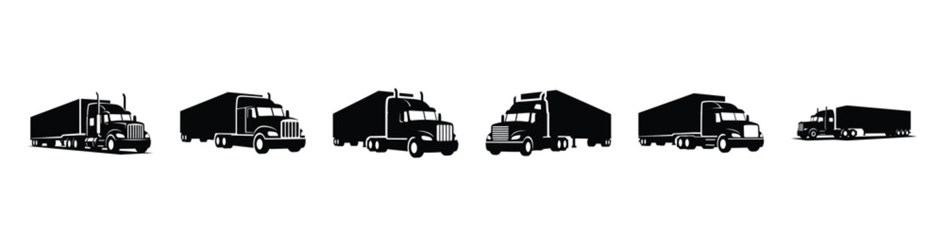 Vector set illustration of tractor trailer icons. Simple transport silhouette icon design collection.