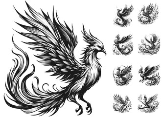 Obraz premium Eternal Flame: The Legend of the Phoenix linework vintage sketch hand drawn pen drawing vector