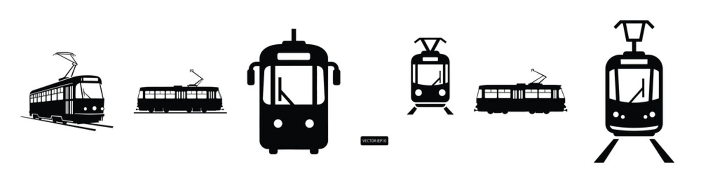 Vector set illustration of tram icons. Simple transport silhouette icon design collection.