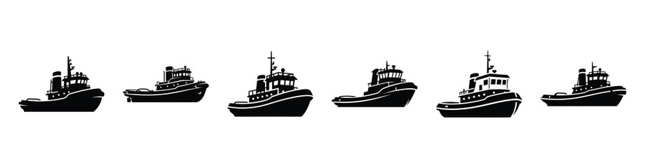 Obraz premium Vector set illustration of tugboat icons. Simple transport silhouette icon design collection.