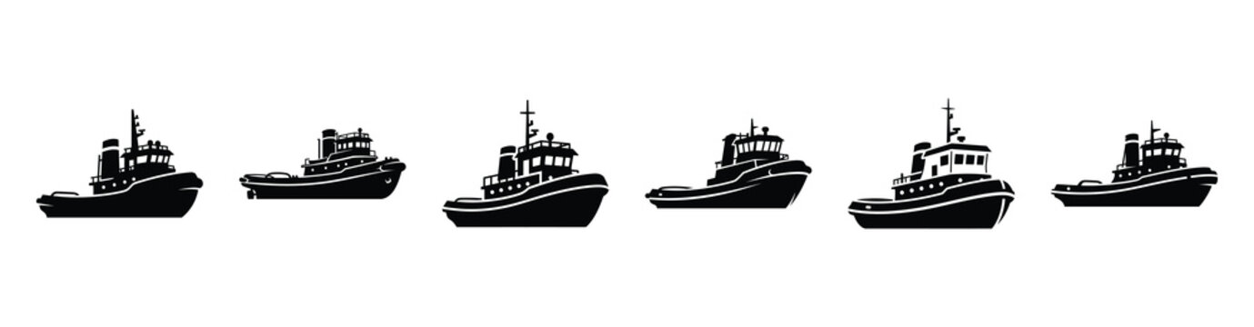 Vector set illustration of tugboat icons. Simple transport silhouette icon design collection.