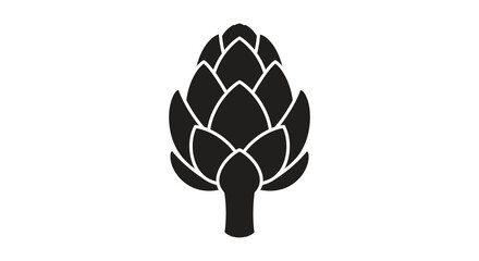 A striking black and white illustration depicts a single artichoke showcasing its layered geometric form and stem high quality professional © Kuntol02