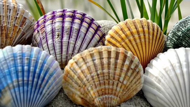 Colorful shells on the sandy beach with green plants in the background captured on a sunny day by the shore in a coastal area