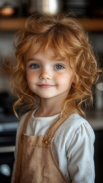 Adorable toddler with curly auburn hair, bright blue eyes, and a sweet smile, wearing a light beige overall dress